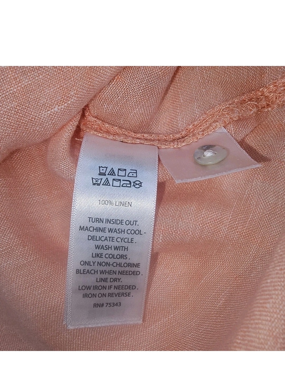 100% Linen Womens Blouse Top Peach Button-up Short Sleeve Minimalist Relaxed L - Picture 3 of 5